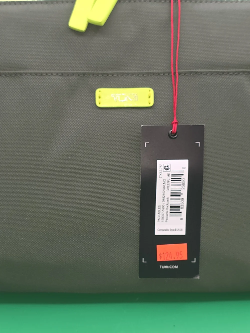NWT TUMI GREEN/LIME PACKABLE BACKPACK FOLDABLE SHOULDER LARGE BAG TRAVEL CARRYON